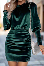 Load image into Gallery viewer, Ruched Round Neck Lantern Sleeve Mini Dress