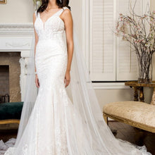 Load image into Gallery viewer, Embroidered V-Neck Mermaid Wedding Gown w/ Detachable Cape