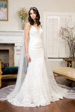 Load image into Gallery viewer, Embroidered V-Neck Mermaid Wedding Gown w/ Detachable Cape