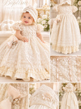 Load image into Gallery viewer, A baby girl's ivory lace first communion dress with a matching bonnet, shown in a multi-view collage. The collage includes a full-body view of the baby wearing the dress, a front view of the dress, close-ups of the lace and bow details, and a view of the bonnet with a flower applique.