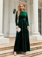 Load image into Gallery viewer, Tie Front Round Neck Long Sleeve Maxi Dress in Green