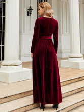 Load image into Gallery viewer, Tie Front Round Neck Long Sleeve Maxi Dress in Wine