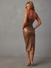 Load image into Gallery viewer, PU Slit Midi Dress in Caramel