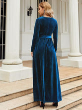 Load image into Gallery viewer, Tie Front Round Neck Long Sleeve Maxi Dress in Peacock Blue