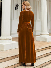 Load image into Gallery viewer, Tie Front Round Neck Long Sleeve Maxi Dress in Caramel