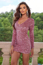 Load image into Gallery viewer, Sequin V-Neck Long Sleeve Mini Dress in Dusty Pink