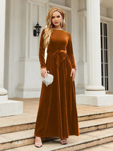 Load image into Gallery viewer, Tie Front Round Neck Long Sleeve Maxi Dress in Caramel