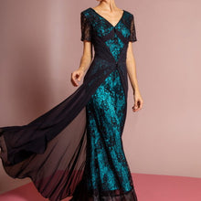 Load image into Gallery viewer, V-Neck Lace Gown in Black/Teal