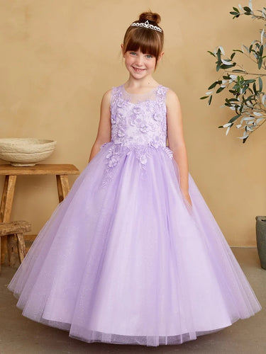 3D Flower Lace Glitter Tulle Floor Length Dress in Lilac