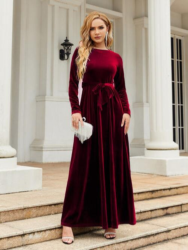 Tie Front Round Neck Long Sleeve Maxi Dress in Wine