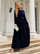 Load image into Gallery viewer, Tie Front Round Neck Long Sleeve Maxi Dress in Navy