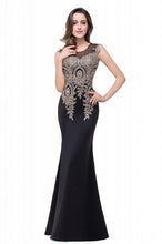 Load image into Gallery viewer, Chiffon Mermaid Dress with Appliques in Black/Gold