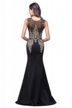Load image into Gallery viewer, Chiffon Mermaid Dress with Appliques in Black/Gold