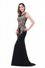Load image into Gallery viewer, Chiffon Mermaid Dress with Appliques in Black/Gold