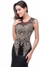 Load image into Gallery viewer, Chiffon Mermaid Dress with Appliques in Black/Gold