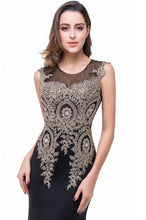Load image into Gallery viewer, Chiffon Mermaid Dress with Appliques in Black/Gold
