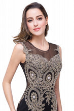 Load image into Gallery viewer, Chiffon Mermaid Dress with Appliques in Black/Gold