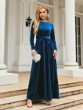 Load image into Gallery viewer, Tie Front Round Neck Long Sleeve Maxi Dress in Peacock Blue