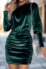 Load image into Gallery viewer, Ruched Round Neck Lantern Sleeve Mini Dress
