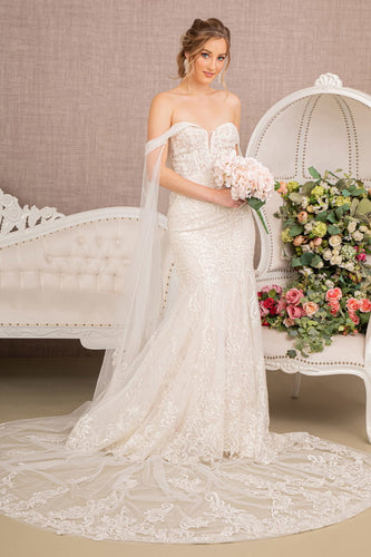 Embroidered V-Neck Mermaid Wedding Gown w/ Detachable Cape