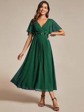 Load image into Gallery viewer, Elegant Tea-Length Evening Dress, featuring Short Sleeves and a V-Neckline
