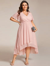 Load image into Gallery viewer, Evening Dress with Ruffled Sleeves, Pleated V-Neck, Midi Length, A-Line Chiffon.
