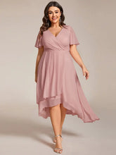 Load image into Gallery viewer, Evening Dress with Ruffled Sleeves, Pleated V-Neck, Midi Length, A-Line Chiffon.
