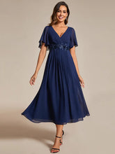 Load image into Gallery viewer, Elegant Tea-Length Evening Dress, featuring Short Sleeves and a V-Neckline
