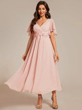 Load image into Gallery viewer, Elegant Tea-Length Evening Dress, featuring Short Sleeves and a V-Neckline
