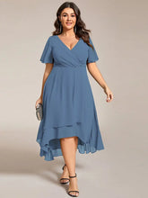 Load image into Gallery viewer, Evening Dress with Ruffled Sleeves, Pleated V-Neck, Midi Length, A-Line Chiffon.
