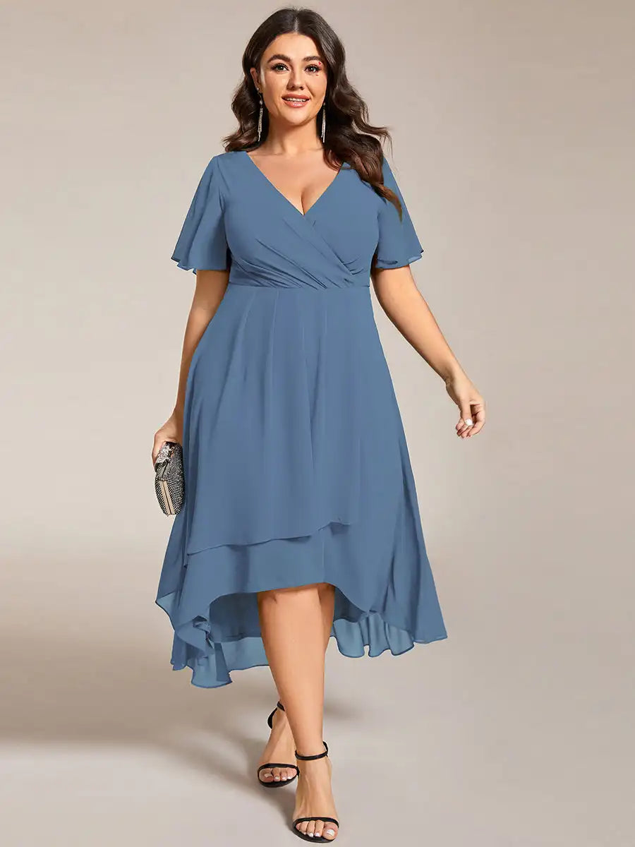 Evening Dress with Ruffled Sleeves, Pleated V-Neck, Midi Length, A-Line Chiffon.