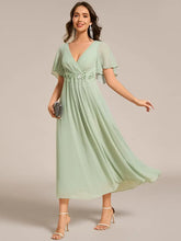 Load image into Gallery viewer, Elegant Tea-Length Evening Dress, featuring Short Sleeves and a V-Neckline
