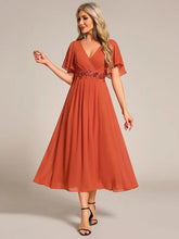 Load image into Gallery viewer, Elegant Tea-Length Evening Dress, featuring Short Sleeves and a V-Neckline
