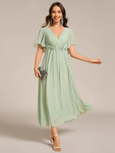 Load image into Gallery viewer, Elegant Tea-Length Evening Dress, featuring Short Sleeves and a V-Neckline
