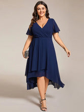 Load image into Gallery viewer, Evening Dress with Ruffled Sleeves, Pleated V-Neck, Midi Length, A-Line Chiffon.
