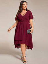 Load image into Gallery viewer, Evening Dress with Ruffled Sleeves, Pleated V-Neck, Midi Length, A-Line Chiffon.
