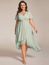 Load image into Gallery viewer, Evening Dress with Ruffled Sleeves, Pleated V-Neck, Midi Length, A-Line Chiffon.
