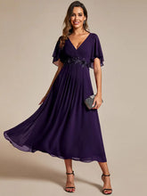 Load image into Gallery viewer, Elegant Tea-Length Evening Dress, featuring Short Sleeves and a V-Neckline
