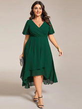 Load image into Gallery viewer, Evening Dress with Ruffled Sleeves, Pleated V-Neck, Midi Length, A-Line Chiffon.
