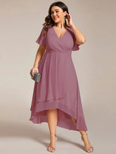 Load image into Gallery viewer, Evening Dress with Ruffled Sleeves, Pleated V-Neck, Midi Length, A-Line Chiffon.
