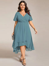 Load image into Gallery viewer, Evening Dress with Ruffled Sleeves, Pleated V-Neck, Midi Length, A-Line Chiffon.
