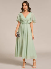 Load image into Gallery viewer, Elegant Tea-Length Evening Dress, featuring Short Sleeves and a V-Neckline
