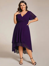 Load image into Gallery viewer, Evening Dress with Ruffled Sleeves, Pleated V-Neck, Midi Length, A-Line Chiffon.
