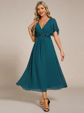 Load image into Gallery viewer, Elegant Tea-Length Evening Dress, featuring Short Sleeves and a V-Neckline
