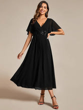 Load image into Gallery viewer, Elegant Tea-Length Evening Dress, featuring Short Sleeves and a V-Neckline
