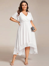 Load image into Gallery viewer, Evening Dress with Ruffled Sleeves, Pleated V-Neck, Midi Length, A-Line Chiffon.
