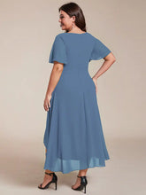 Load image into Gallery viewer, Evening Dress with Ruffled Sleeves, Pleated V-Neck, Midi Length, A-Line Chiffon.
