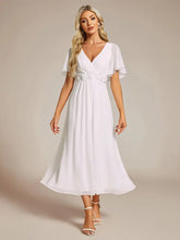 Load image into Gallery viewer, Elegant Tea-Length Evening Dress, featuring Short Sleeves and a V-Neckline
