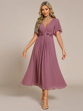 Load image into Gallery viewer, Elegant Tea-Length Evening Dress, featuring Short Sleeves and a V-Neckline
