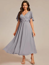 Load image into Gallery viewer, Elegant Tea-Length Evening Dress, featuring Short Sleeves and a V-Neckline
